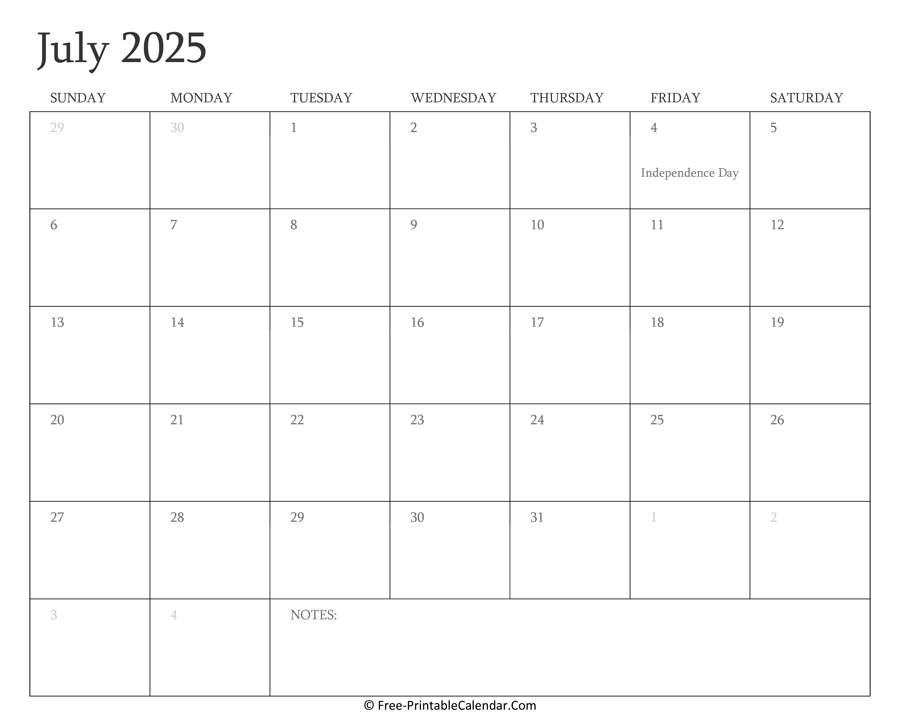 Printable July Calendar 2025 with Holidays