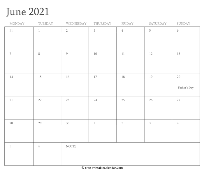 Printable June Calendar 2021 with Holidays