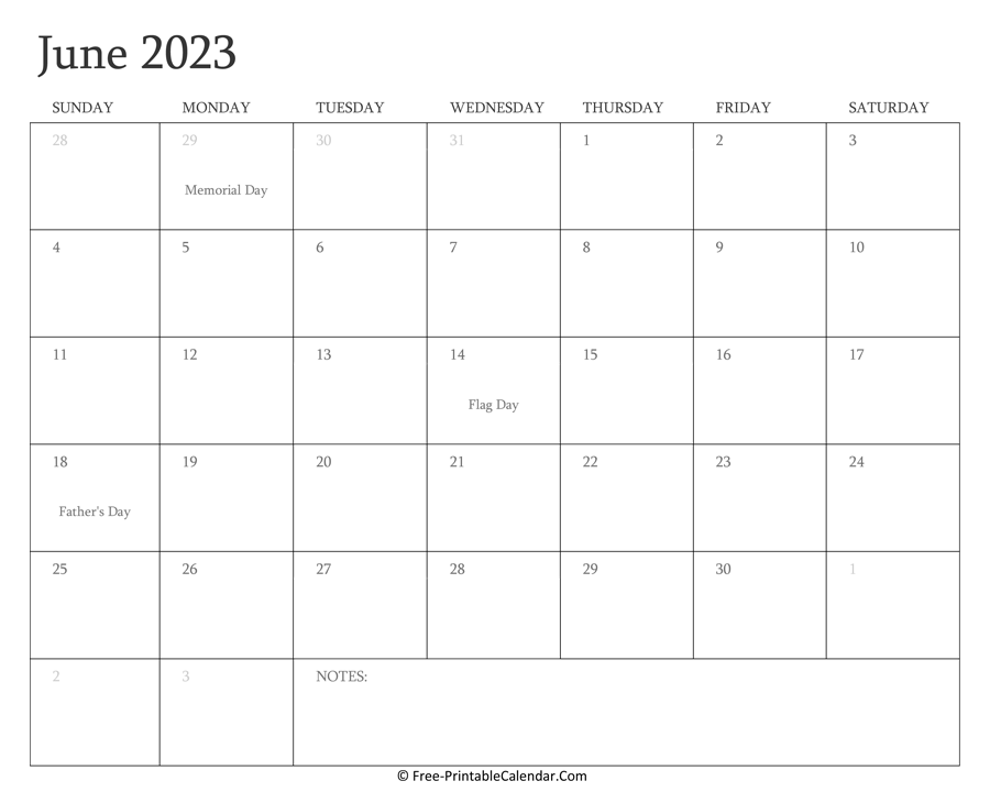 Printable June Calendar 2023 with Holidays