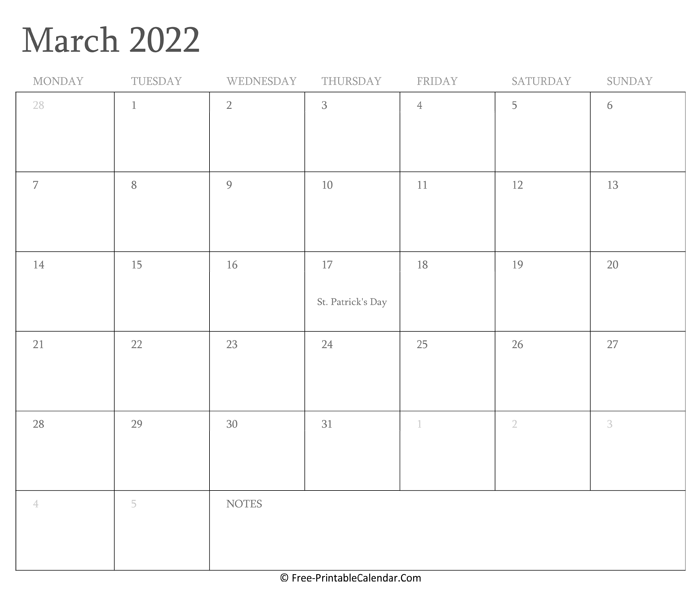 Printable March Calendar 2022 with Holidays
