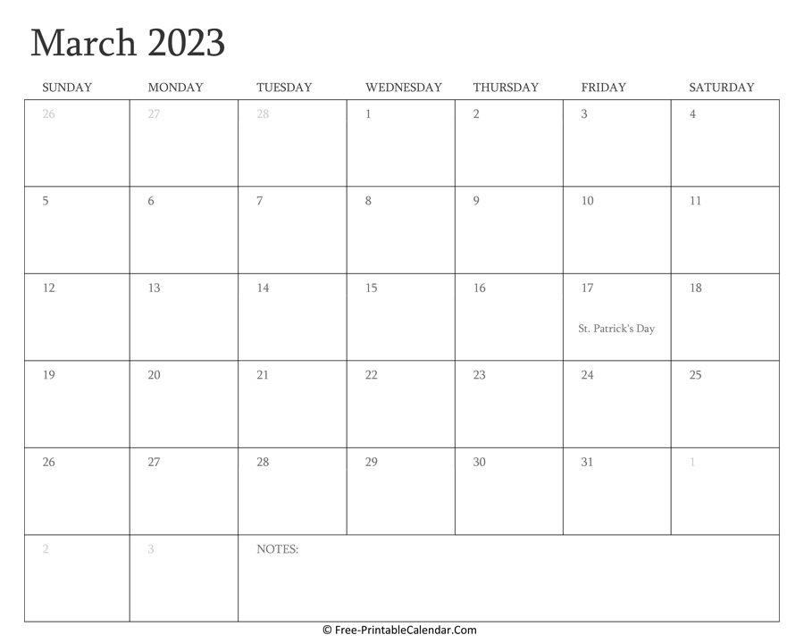 Printable March Calendar 2023 with Holidays