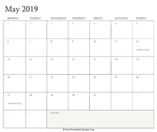 printable may calendar 2019 holidays