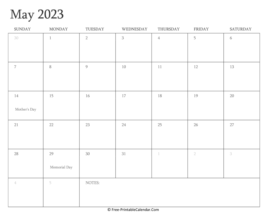 Printable May Calendar 2023 with Holidays