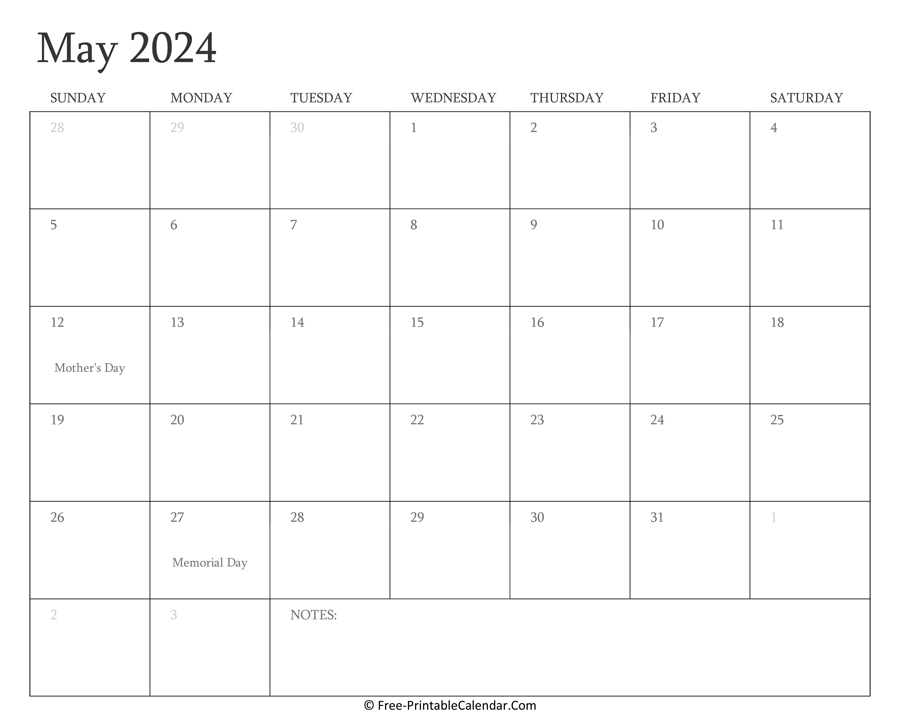 Printable May Calendar 2024 with Holidays