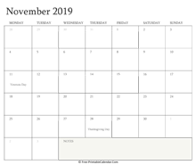 printable november calendar 2019 holidays