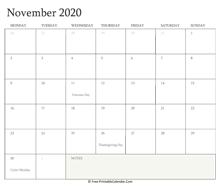 printable november calendar 2020 holidays
