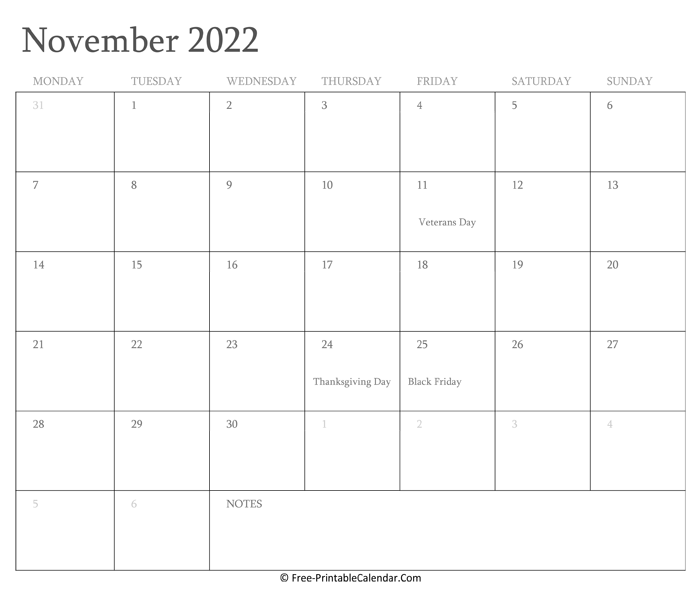 Printable November Calendar 2022 with Holidays
