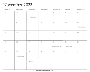 printable november calendar 2023 holidays