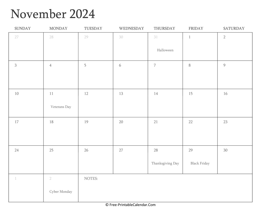 Printable November Calendar 2024 with Holidays
