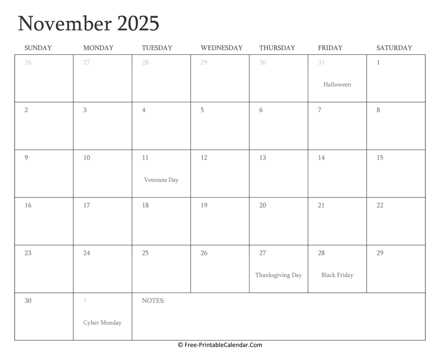 Printable November Calendar 2025 with Holidays