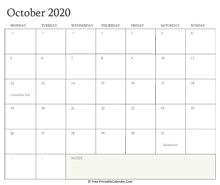 printable october calendar 2020 holidays