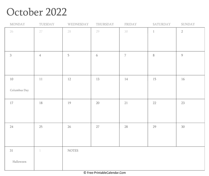 Printable October Calendar 2022 with Holidays