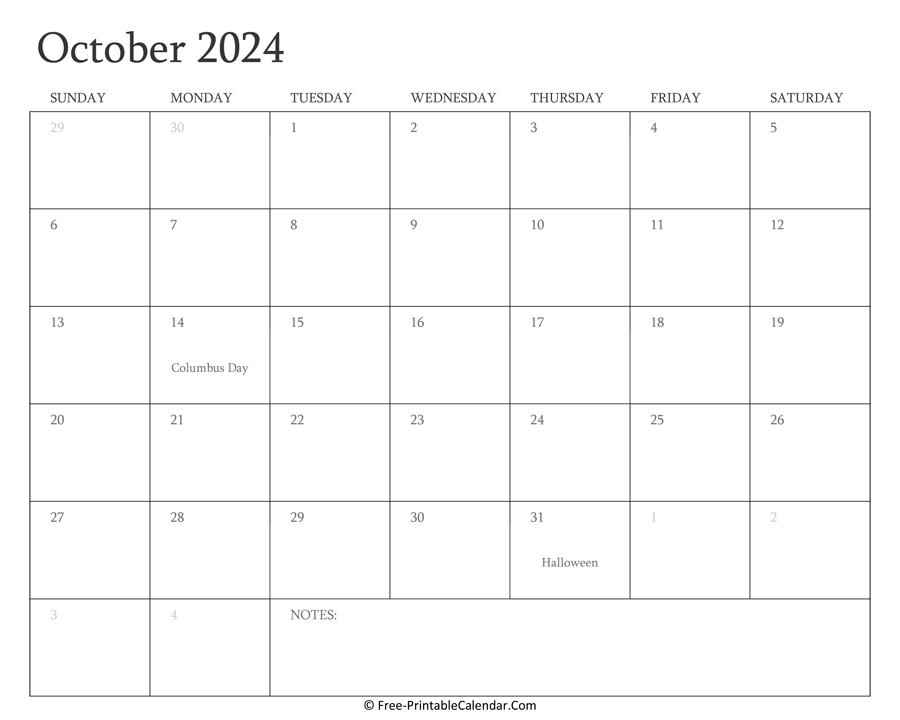 Printable October Calendar 2024 with Holidays