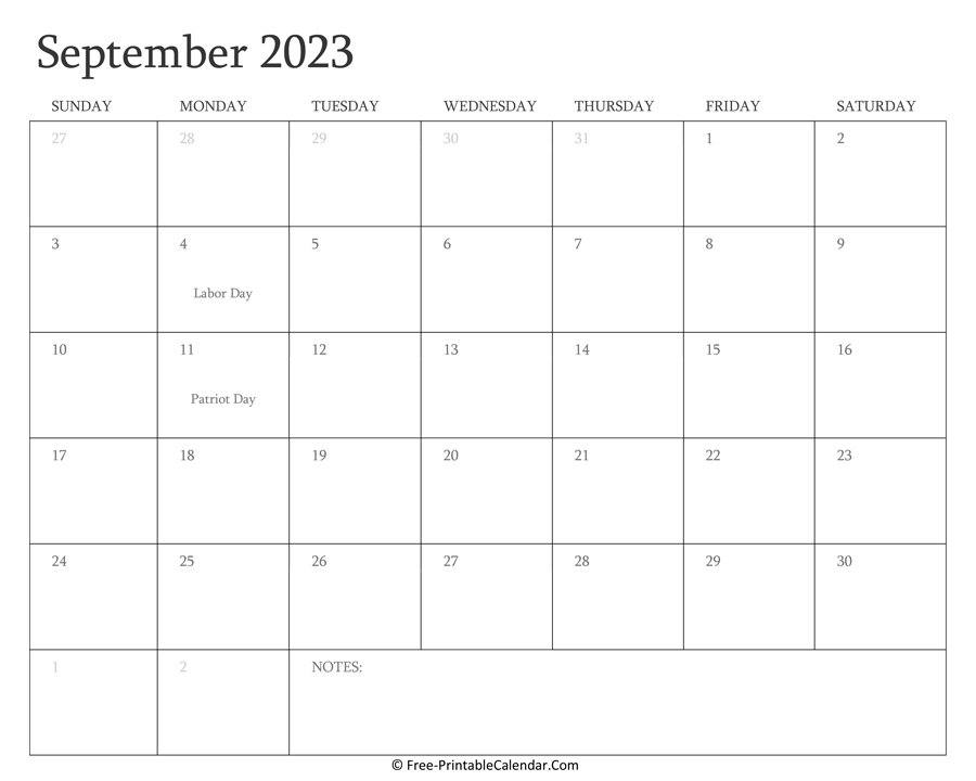 Printable September Calendar 2023 with Holidays