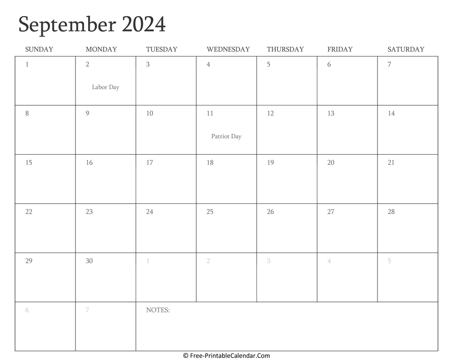 Printable September Calendar 2024 with Holidays