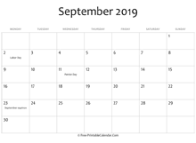september 2019 calendar printable holidays