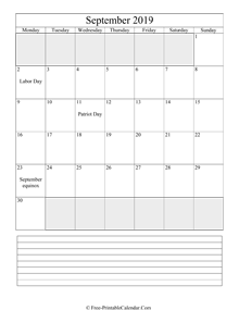 september 2019 editable calendar with notes space