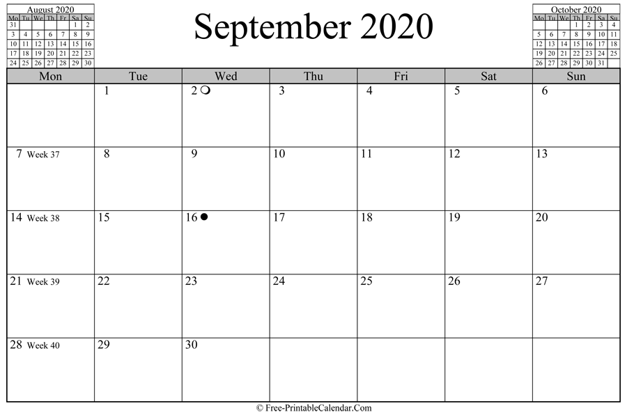 september 2020 Calendar (horizontal layout)