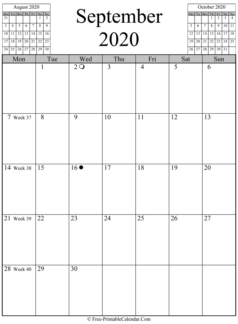 september 2020 Calendar (vertical layout)