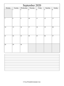 september 2020 editable calendar notes portrait