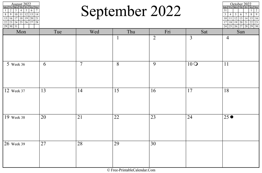 september 2022 Calendar (horizontal layout)