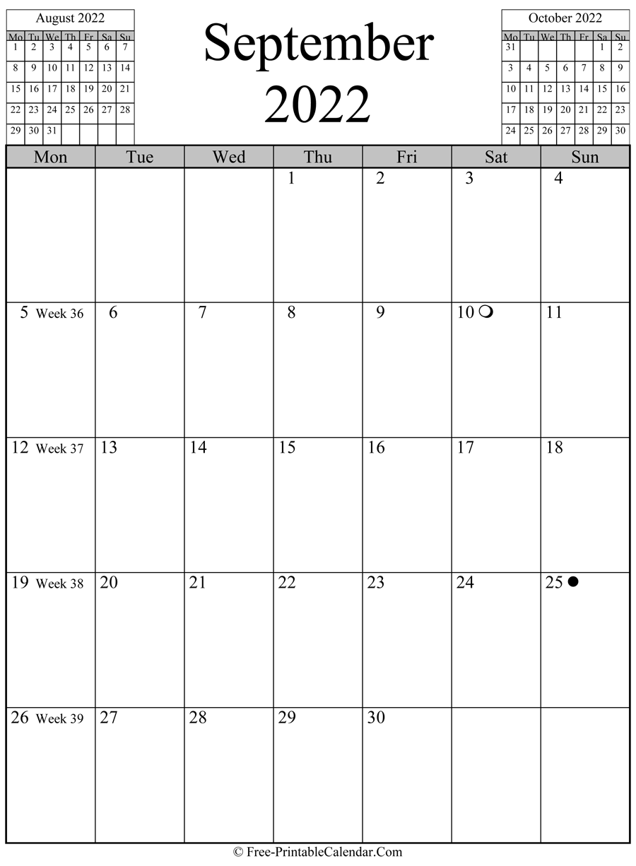 september 2022 Calendar (vertical layout)