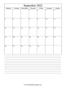 september 2022 editable calendar notes portrait