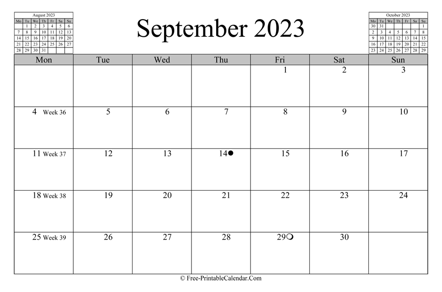september 2023 Calendar (horizontal layout)