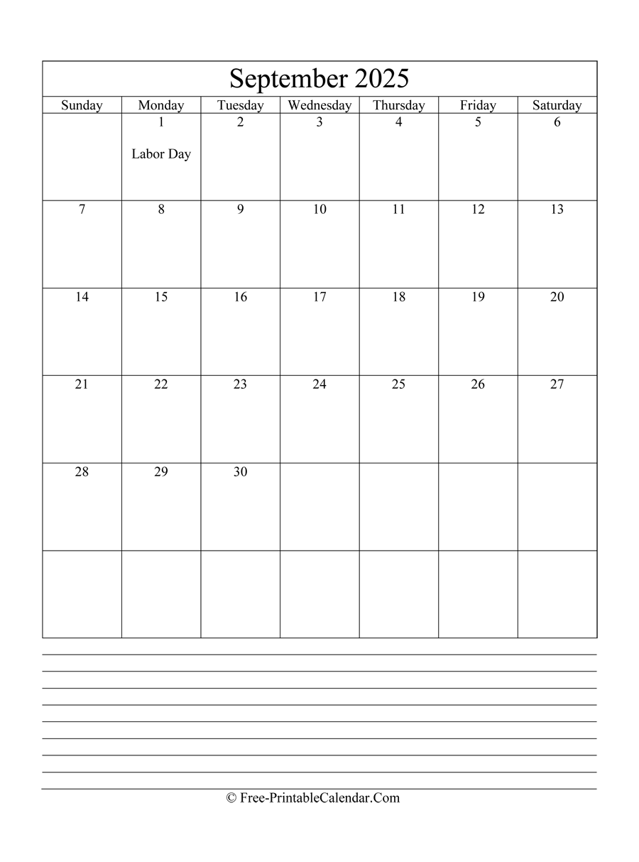 september 2025 Editable Calendar with notes