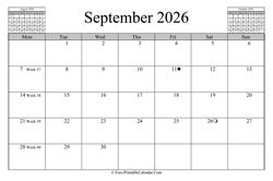 September 2026 Calendar (horizontal)