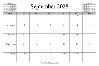 September 2028 Calendar (horizontal)