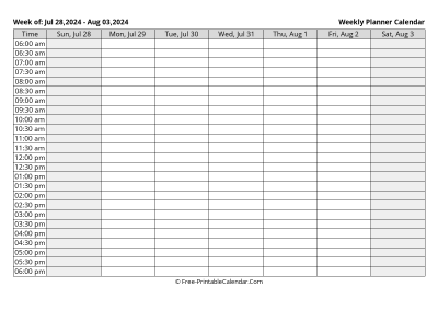 august 2024 weekly calendar template, landscape layout