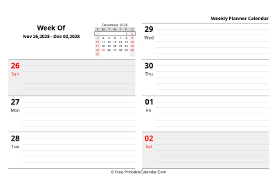 december 2028 weekly schedule template, landscape layout