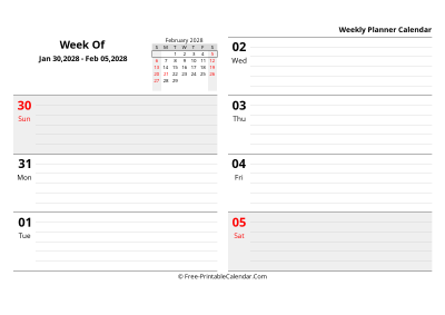 february 2028 weekly schedule template, landscape layout