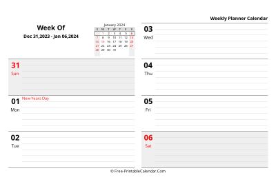 january 2024 weekly schedule template, landscape layout