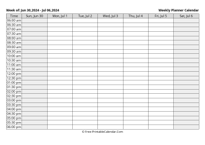 july 2024 weekly calendar template, landscape layout