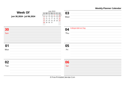 july 2024 weekly schedule template, landscape layout