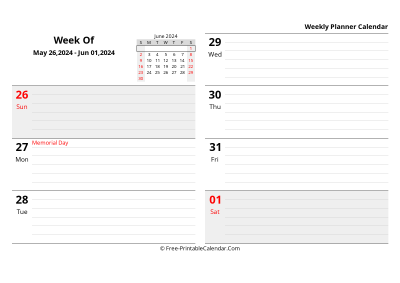june 2024 weekly schedule template, landscape layout