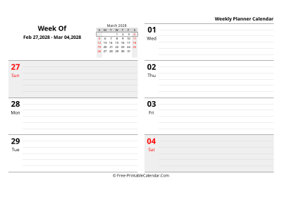 march 2028 weekly schedule template, landscape layout