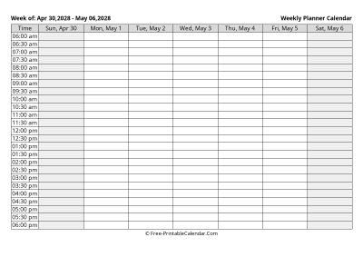 may 2028 weekly calendar template, landscape layout