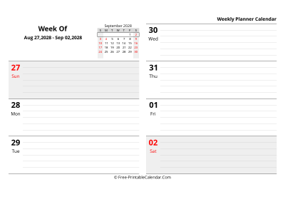 september 2028 weekly schedule template, landscape layout